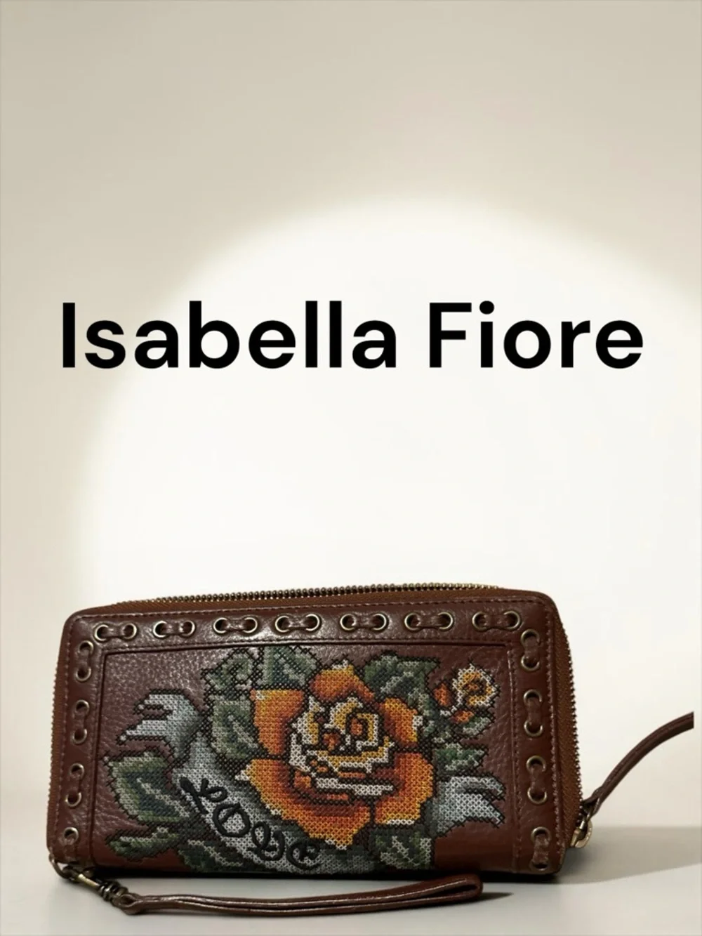 Isabella Fiore Leather Wristlet Wallet Boho Cross Stitch Rose Zip Around Vintage